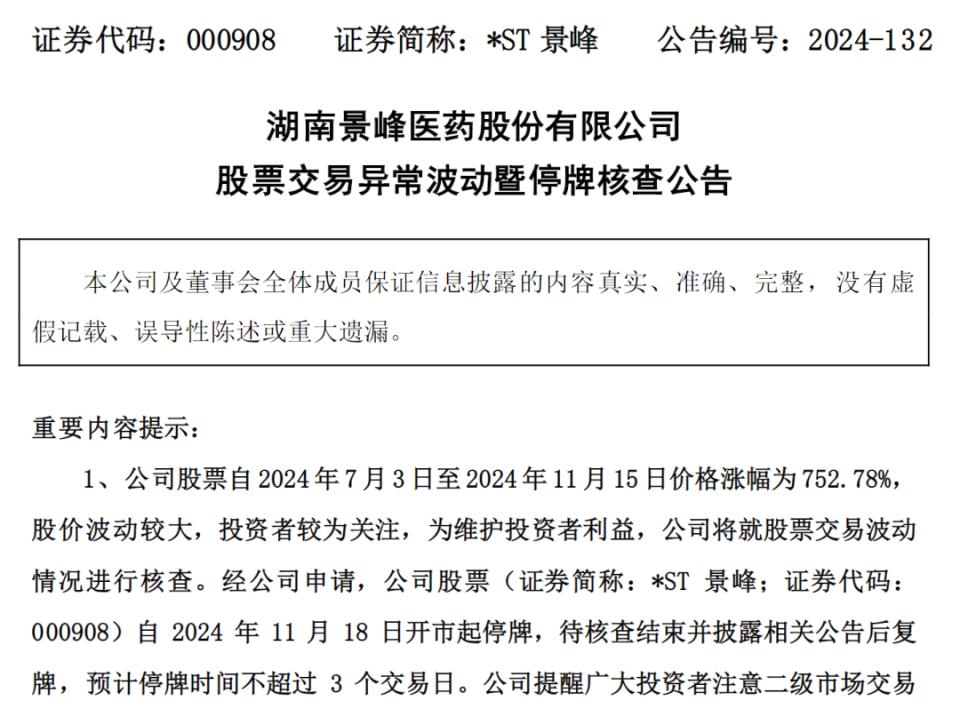 股价暴涨752%的*ST景峰停牌核查，连亏5年，因付不起188万破产预重整，ST景峰停牌核查，股价暴涨752%后连亏5年，因188万破产预重整