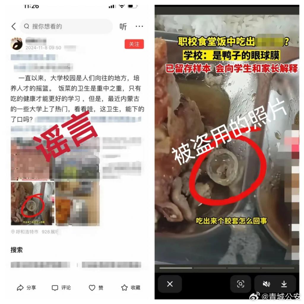 网民造谣“内蒙古一大学食堂吃出异物”，被警方罚款500元，内蒙古一大学食堂吃出异物，网民造谣被罚款500元