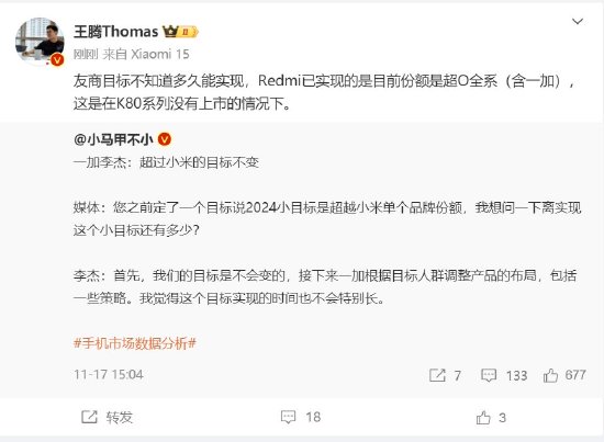 一加目标超过小米单品牌份额？Redmi高管回应，已实现份额超OPPO全系，含一加，一加目标超过小米单品牌份额？已实现份额超OPPO全系